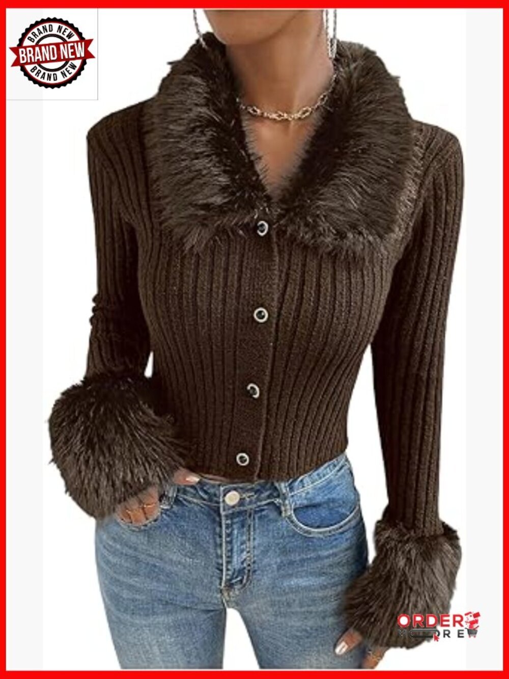 Faux Fur Collared Button Up Crop Cardigan Knit Sweater